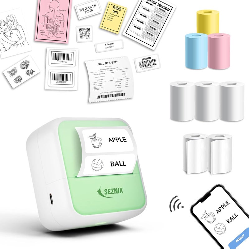 SEZNIK Mini Printer, Inkless, Thermal, Bluetooth, Portable Printer, Compatible Android, iOS Mobile. 1 Year Warranty (MiniX-Green) - Image 1