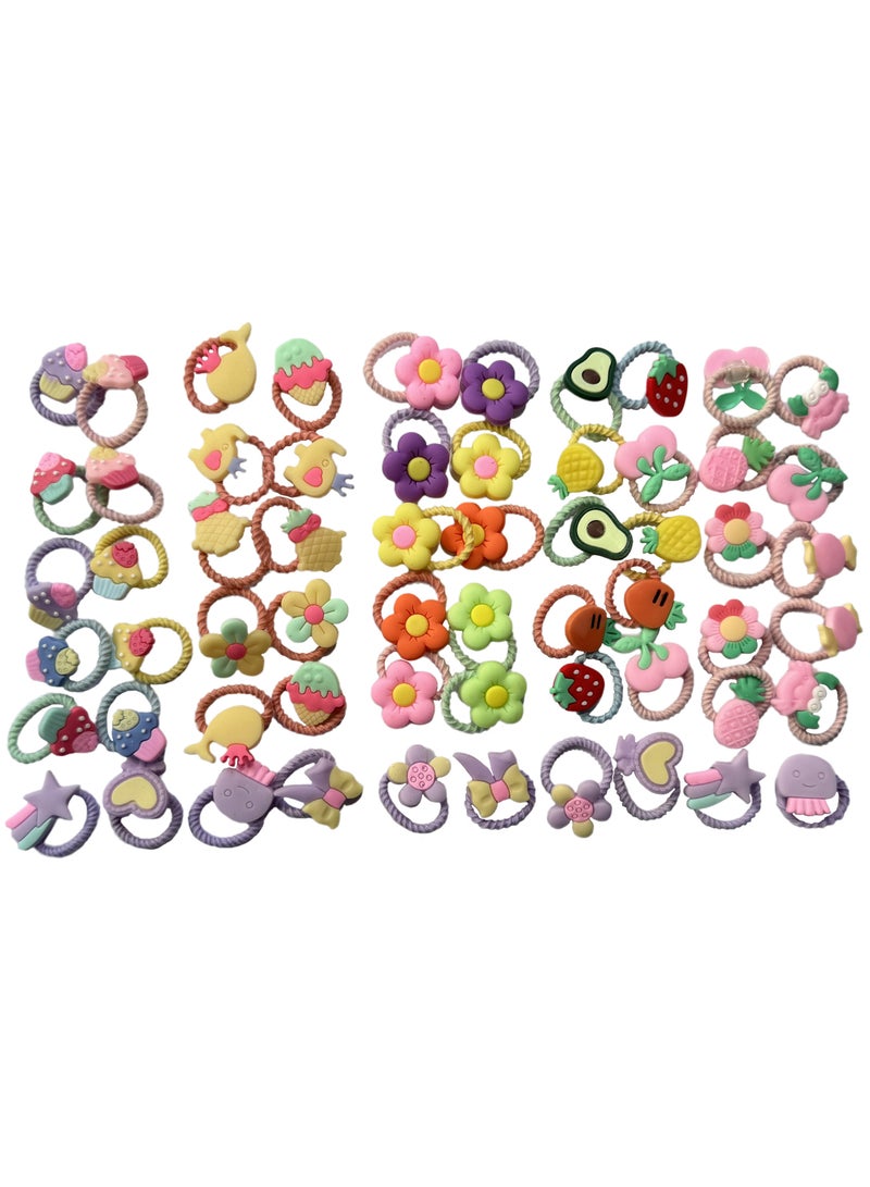 60-Piece Cute Hair Elastics Hair Ties for Baby Girls - Colorful Flower, Fruit, Star, and Heart Designs, Fun Hair Accessories for Kid Girls - Image 1