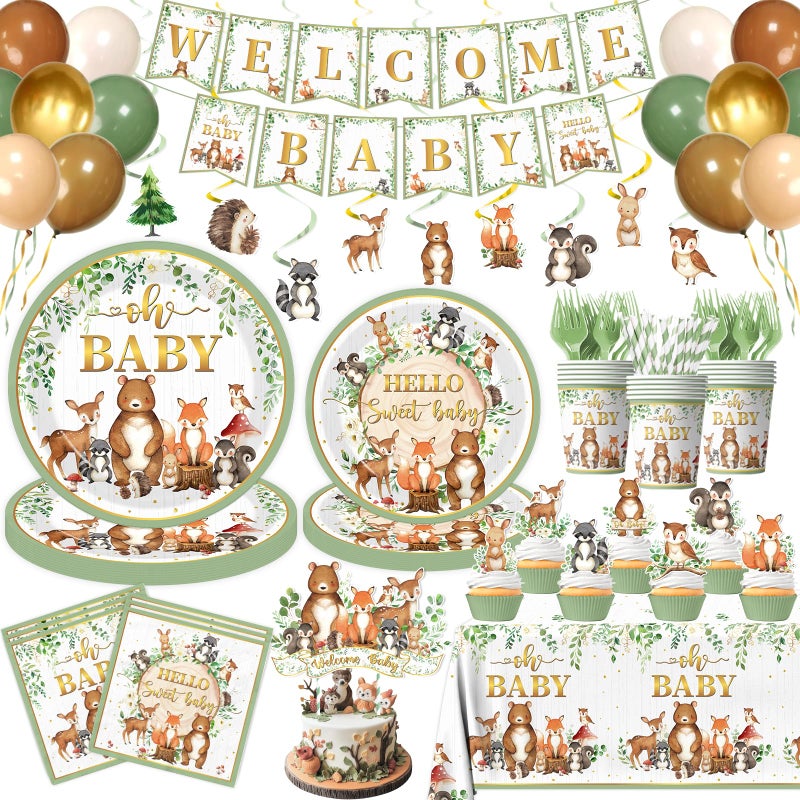 Cextoga Woodland Baby Shower Decorations196pcs Woodland Baby Shower Plates and Napkins Cups Sage Forest Animals baby Shower Tablecloth Cake Toppers Balloons for Boy Babys Shower Decorations - Image 2