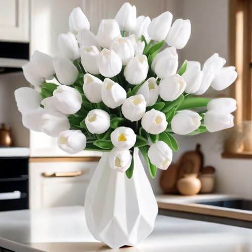 SHINE-CO LIGHTING PU Real Touch Tulips Artificial Flowers 30Pcs Flowers Arrangement Bouquet for Home Office Wedding Decoration (White) - Image 1