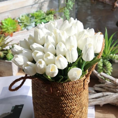 SHINE-CO LIGHTING PU Real Touch Tulips Artificial Flowers 30Pcs Flowers Arrangement Bouquet for Home Office Wedding Decoration (White) - Image 5