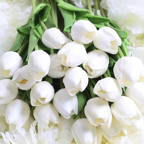 SHINE-CO LIGHTING PU Real Touch Tulips Artificial Flowers 30Pcs Flowers Arrangement Bouquet for Home Office Wedding Decoration (White) - Image 2