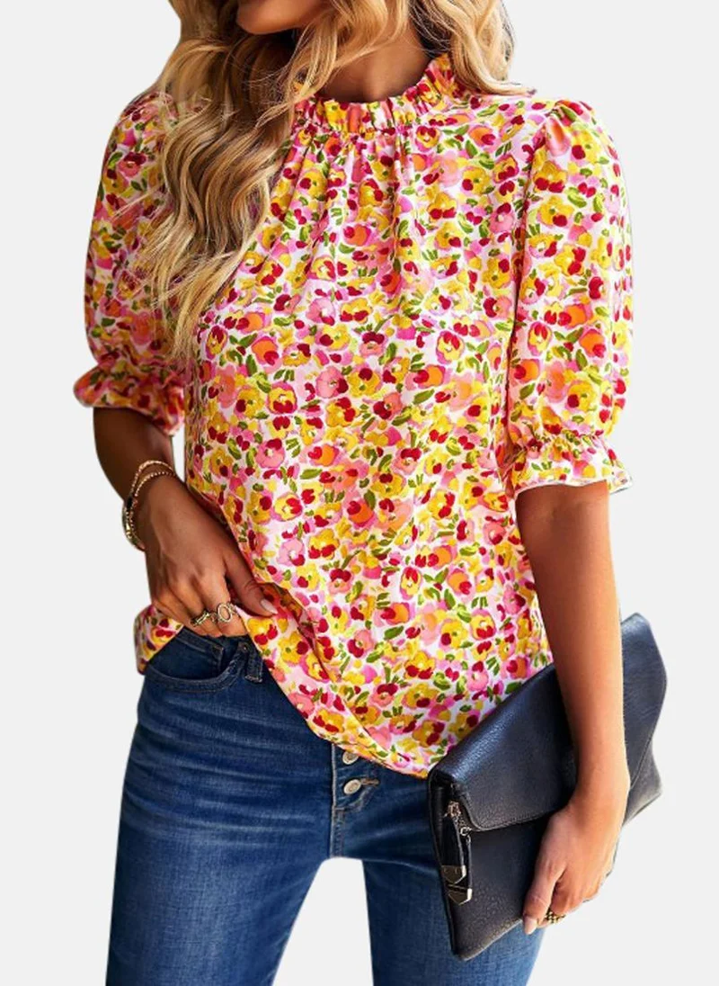 YUNIQEE Mustard High Neck Printed Top