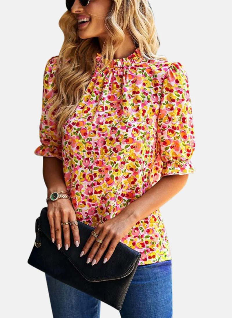 YUNIQEE Mustard High Neck Printed Top