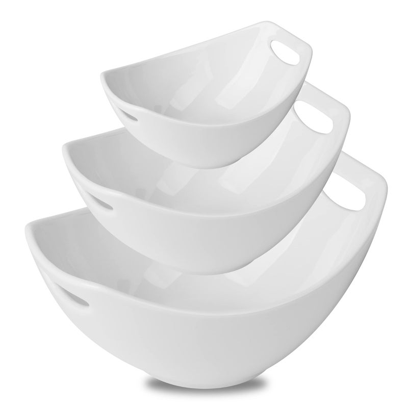 Gomakren Serving Bowls with Handles Serving Dishes Porcelain Salad Bowls Mixing Bowl for Entertaining Nesting Bowl Set of 3 Microwave Dishwasher Safe 152847 oz White