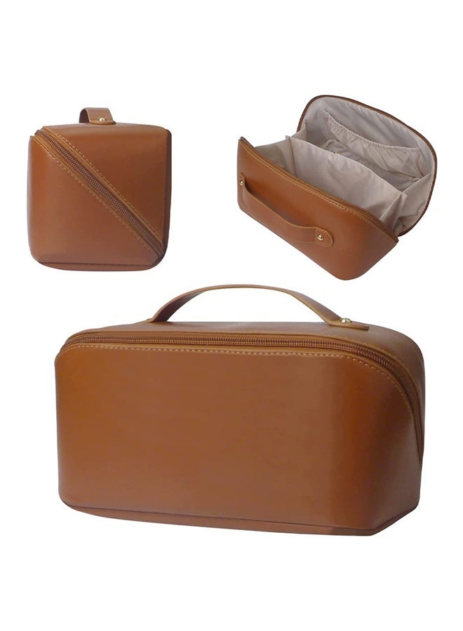 Hanayo Cosmetic Bag Travel Makeup Bag with Divider and Handle Pu Leather Waterproof Portable Toiletry Bag Wash Bag Makeup Organizer(Brown) - Image 2