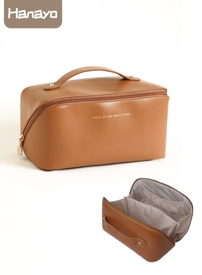 Hanayo Cosmetic Bag Travel Makeup Bag with Divider and Handle Pu Leather Waterproof Portable Toiletry Bag Wash Bag Makeup Organizer(Brown) - Image 1