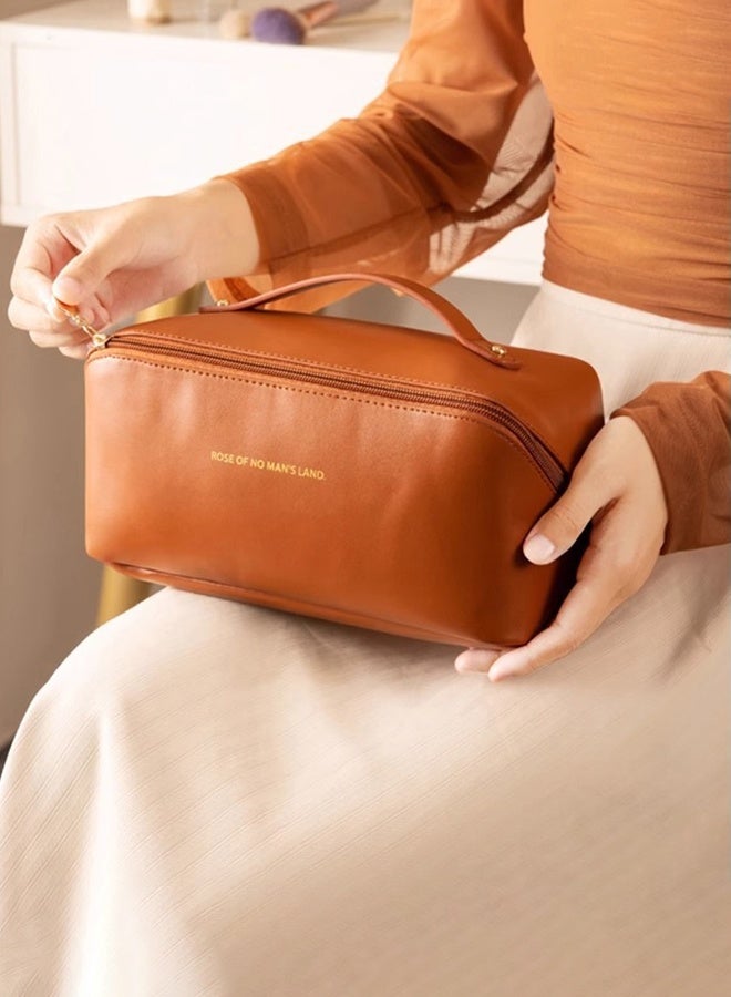 Hanayo Cosmetic Bag Travel Makeup Bag with Divider and Handle Pu Leather Waterproof Portable Toiletry Bag Wash Bag Makeup Organizer(Brown) - Image 4