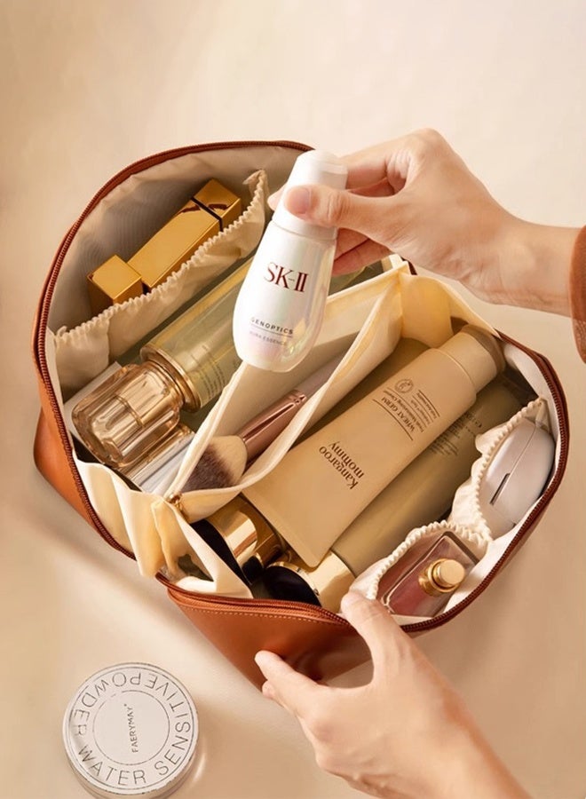 Hanayo Cosmetic Bag Travel Makeup Bag with Divider and Handle Pu Leather Waterproof Portable Toiletry Bag Wash Bag Makeup Organizer(Brown) - Image 5