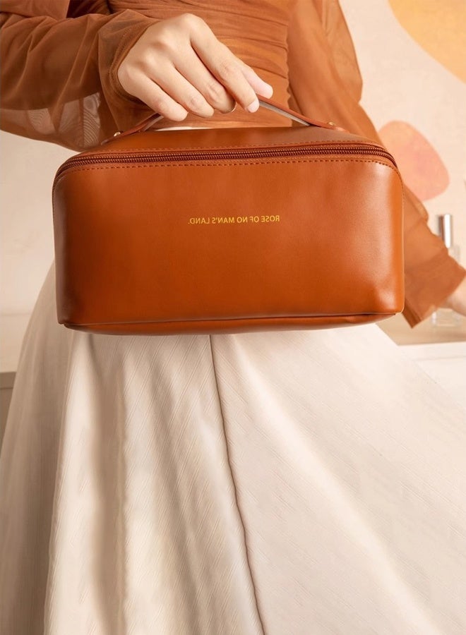 Hanayo Cosmetic Bag Travel Makeup Bag with Divider and Handle Pu Leather Waterproof Portable Toiletry Bag Wash Bag Makeup Organizer(Brown) - Image 3