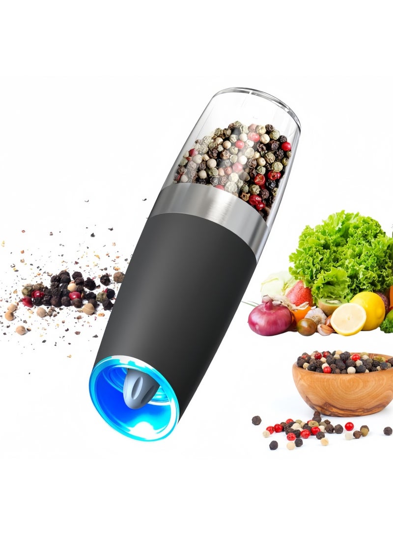 مطحنة فلفل كهربائية تعمل بالجاذبية، مطحنة ملح، مطحنة كهربائية مزودة بإضاءة LED، تعمل بالبطارية، درجة طحن قابلة للتعديل، وعاء قابل للغسل سعة 135 مل (أسود، قطعة واحدة) - Image 1