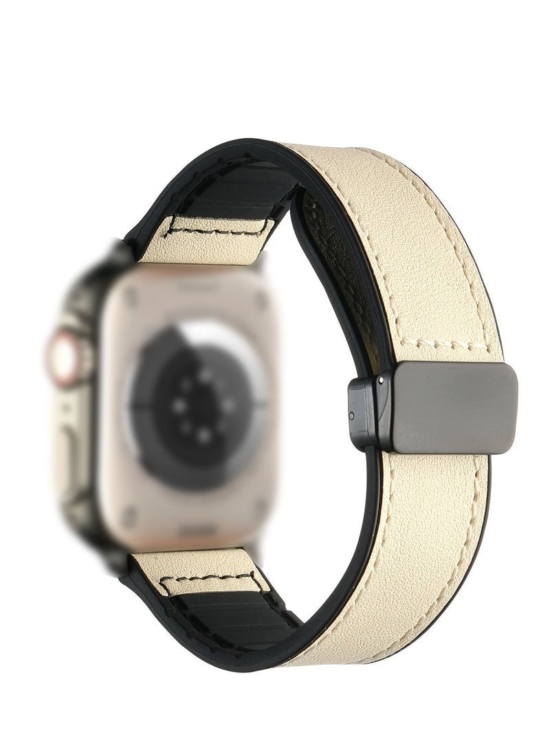 WestEagle سوار ساعة جلدي مغناطيسي لساعة Apple Watch Ultra، 49 مم 45 مم 44 مم 42 مم، حزام جلدي أصلي بديل بمشبك مغناطيسي لسلسلة ساعات Apple Watch، أبيض - Image 1