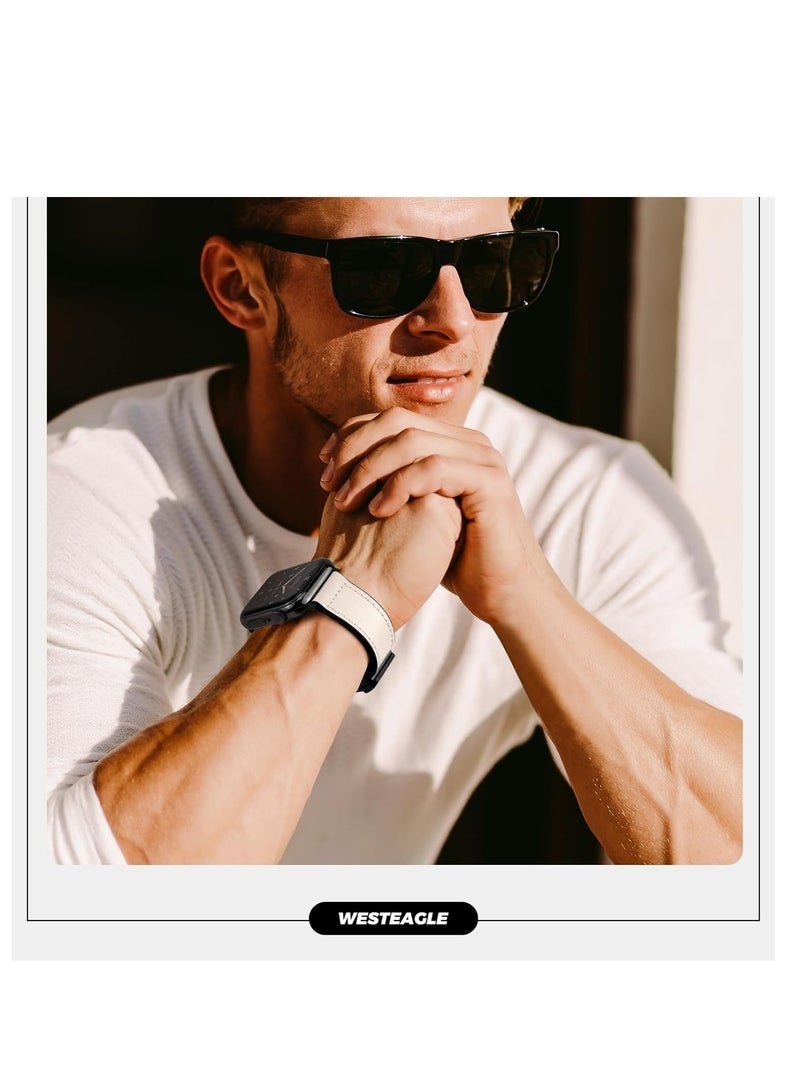 WestEagle سوار ساعة جلدي مغناطيسي لساعة Apple Watch Ultra، 49 مم 45 مم 44 مم 42 مم، حزام جلدي أصلي بديل بمشبك مغناطيسي لسلسلة ساعات Apple Watch، أبيض - Image 3