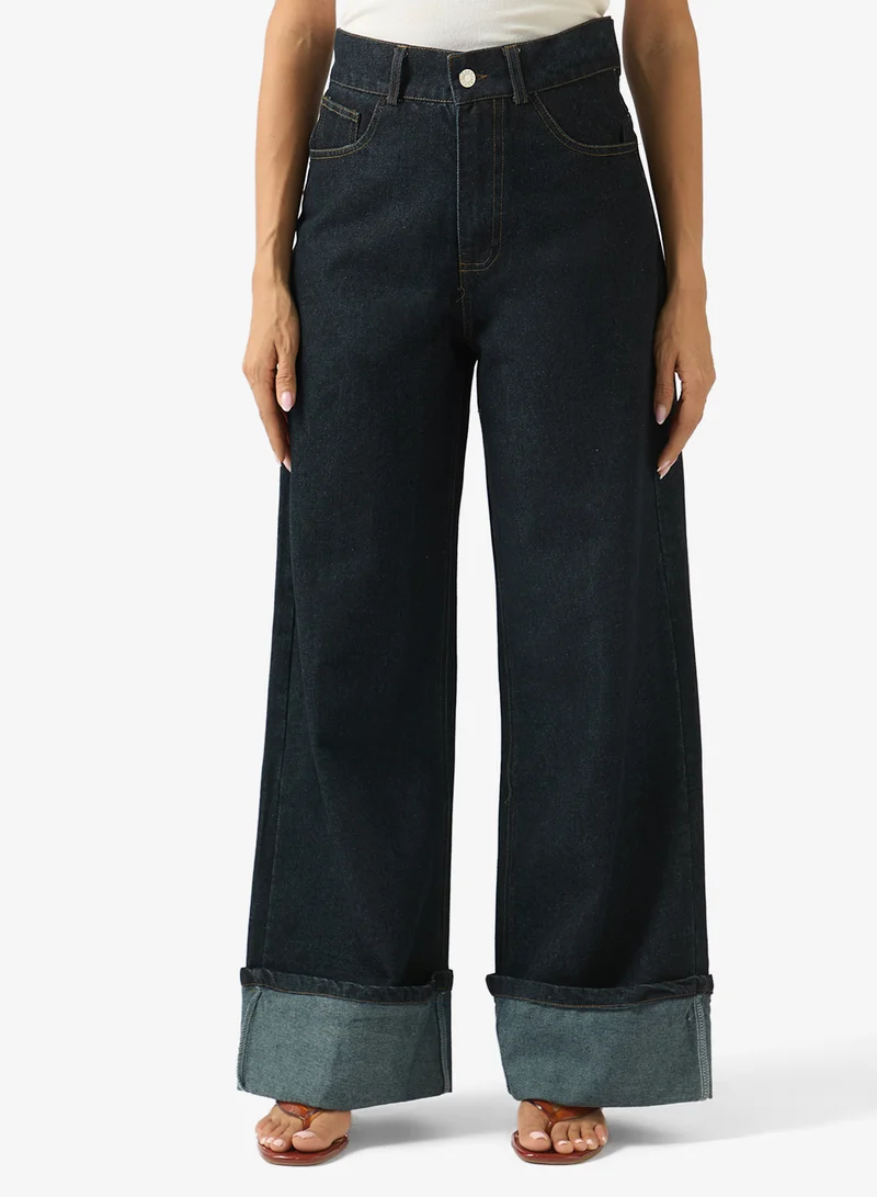 Ginger Mid Rise Wide Fit Jeans with Foldover Hem