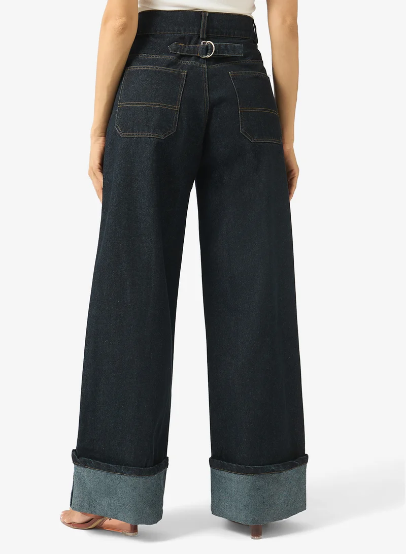 Ginger  Mid Rise Wide Fit Jeans with Foldover Hem for Women | Best Price UAE