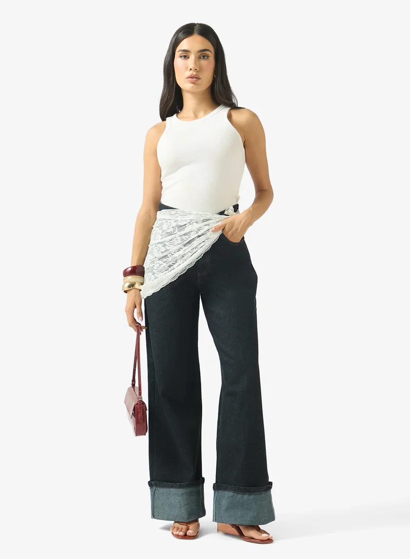 Ginger Mid Rise Wide Fit Jeans with Foldover Hem
