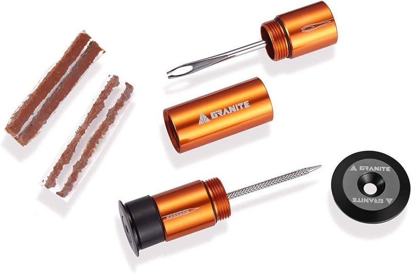 Granite Stash Tubeless Flat Tire Repair Kit Bike Tool Kit - Easy Handlebar Storage - Complete Bike Tire Plug Kit - 2 Different Size Tire Plugs - Portable - Easy and Effortless Usage (Orange) - Image 1