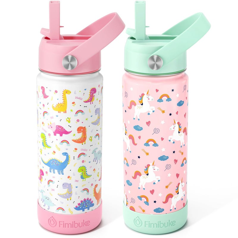 Fimibuke Kids Insulated Water Bottle, 18oz BPA FREE Kid Cup with Straw Double Wall Vacuum Tumbler 18/8 Stainless Steel Leak Proof Toddler Water Bottle for School Boys Girls (2 Pack, Unicorn/Dinosaur) - Image 1