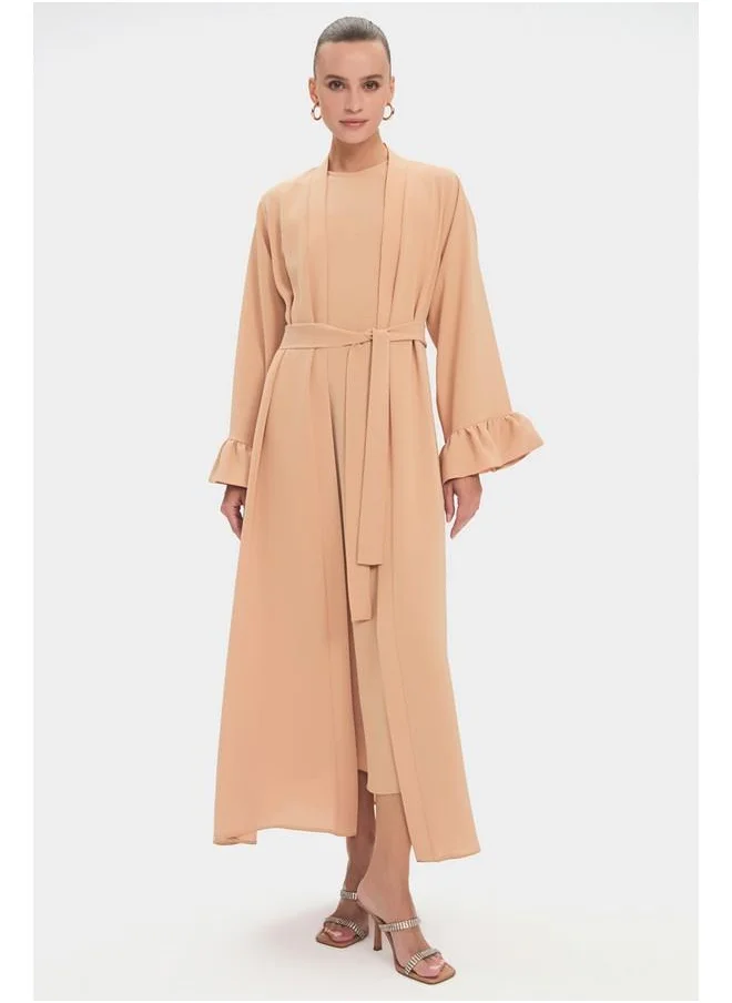 جون June Women Crew Neck Sleeves Ruffle Waist Tie Detailed Floppy Abaya Camel