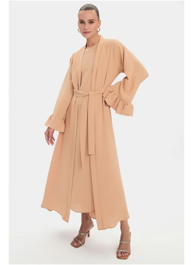 جون June Women Crew Neck Sleeves Ruffle Waist Tie Detailed Floppy Abaya Camel