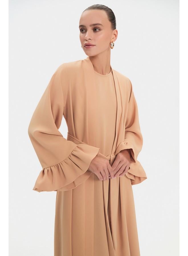 JUNE Women Crew Neck Sleeves Ruffle Waist Tie Detailed Floppy Abaya Camel - Image 3