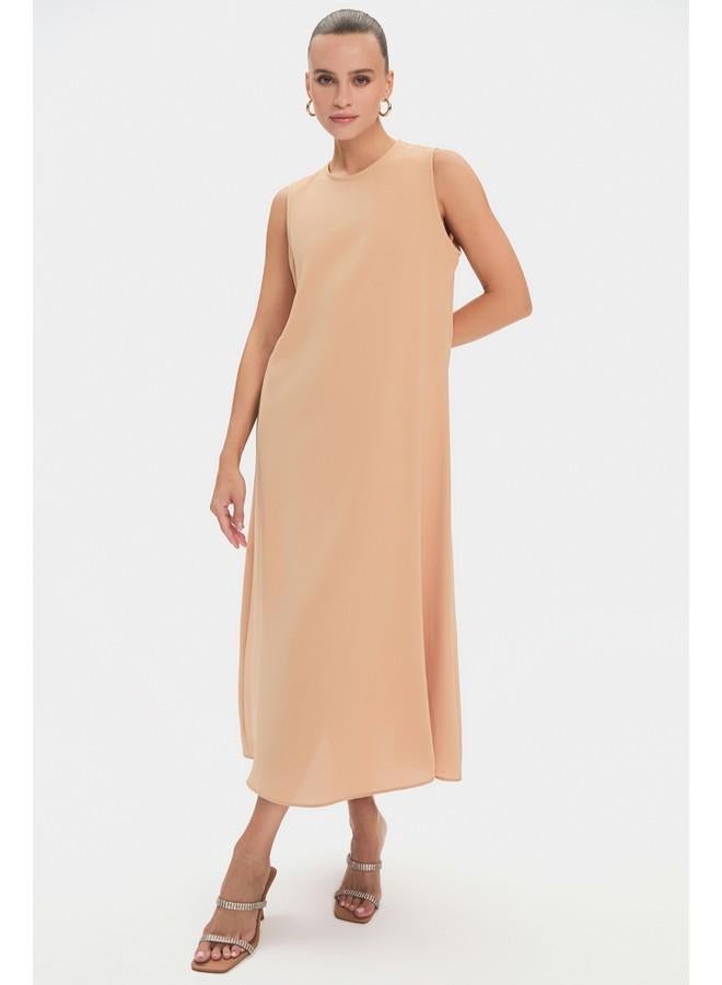 JUNE Women Crew Neck Sleeves Ruffle Waist Tie Detailed Floppy Abaya Camel - Image 4