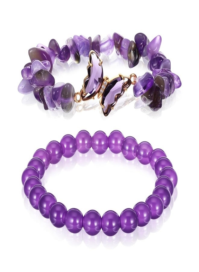 WLLHYF Amethyst Bracelet For Women Butterfly Charm Healing Crystal Anxiety Beads Bracelets Layered Jewelry Stone Beaded Gifts for Women - Image 1
