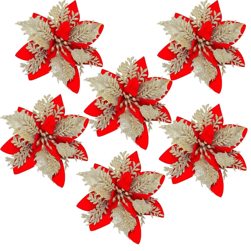 Partunay Set of 6 Pcs Red Glitter Golden Poinsettia Christmas Decorations Glitter Flowers 55 Tree Xmas Tree Decoration Hanging Ornaments Christmas Decoration Items Christmas Xmas Tree Decor