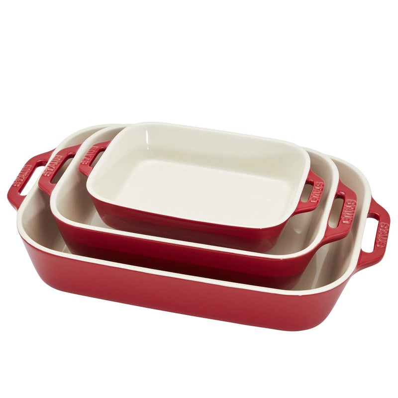 STAUB Ceramic 3-pc Rectangular Baking Dish Set, Cherry - Image 1