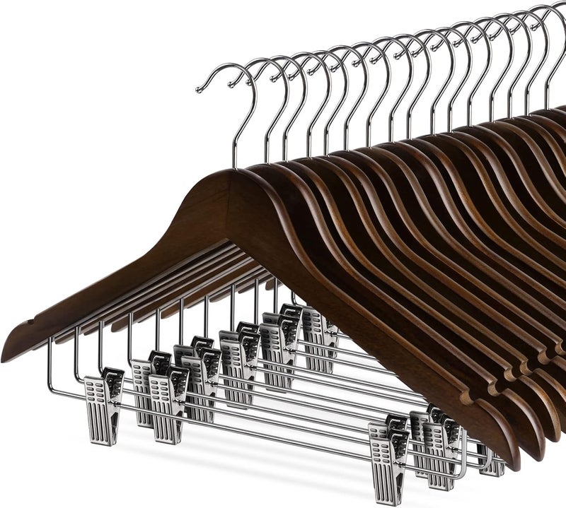 HOUISM HOUÍSM Wooden Clothes Hangers with Clips, 16Pack Wood Skirt Hangers with Clips, High-Grade Selected Walnut Wood Hangers with Sturdy Metal Clips for Pants, Suit, Heavy Winter Coat, Jacket, Formal Dress - Image 1