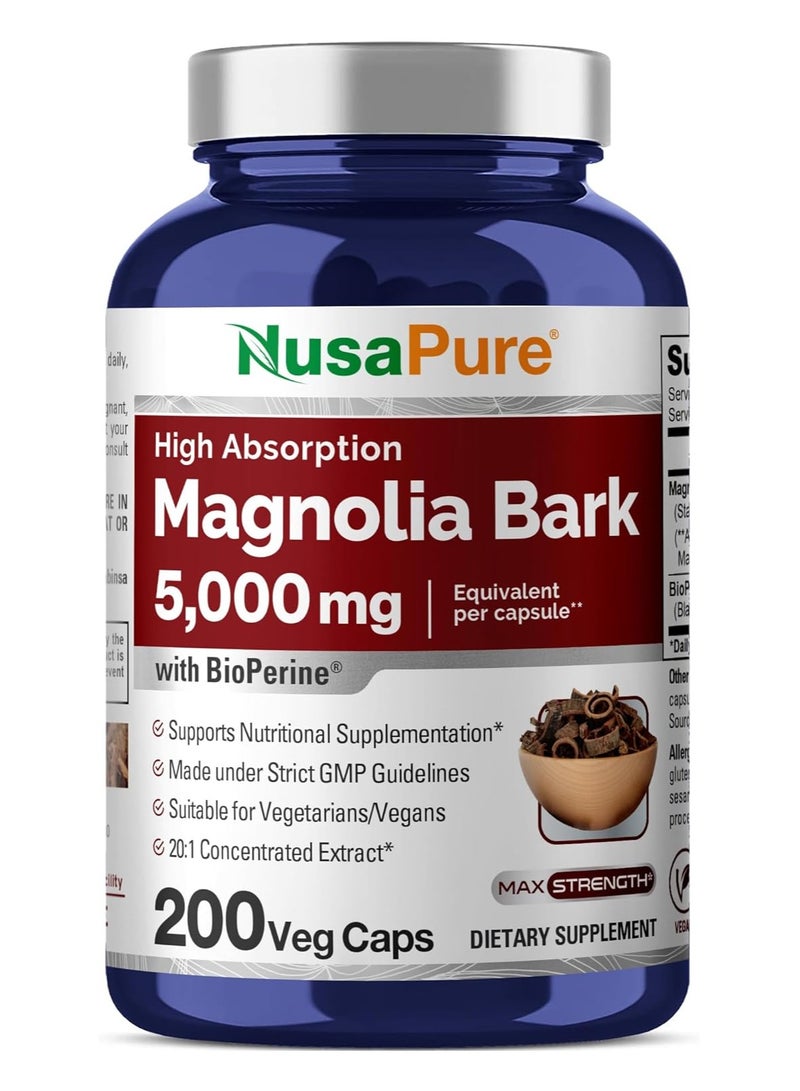 NusaPure Magnolia Bark 20:1 Extract, 250 mg Equivalent to 5,000 mg 200 Vegan Vegetarian Capsules Non-GMO - Image 1