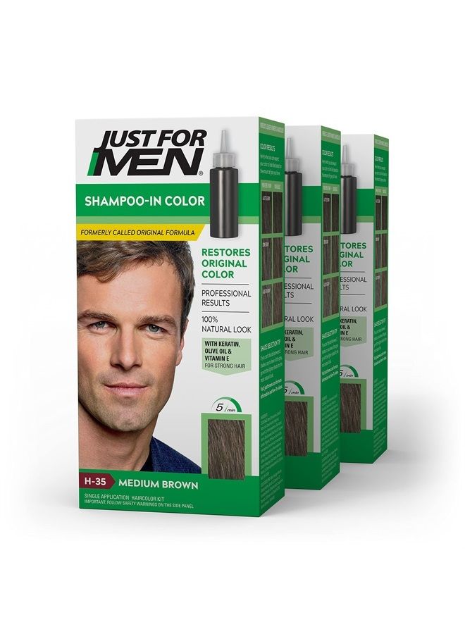 Just For Men Shampoo-In Color (Formerly Original Formula), Mens Hair Color with Keratin and Vitamin E for Stronger Hair - Medium Brown, H-35, Pack of 3 - Image 1