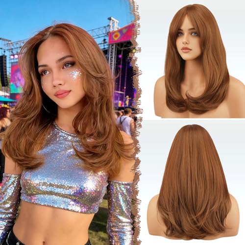 FESHFEN Wigs with Bangs for Women Synthetic Natural Looking Long Layered Straight Auburn Hair Wig for Women Daily Party Use 18 inch - Image 1