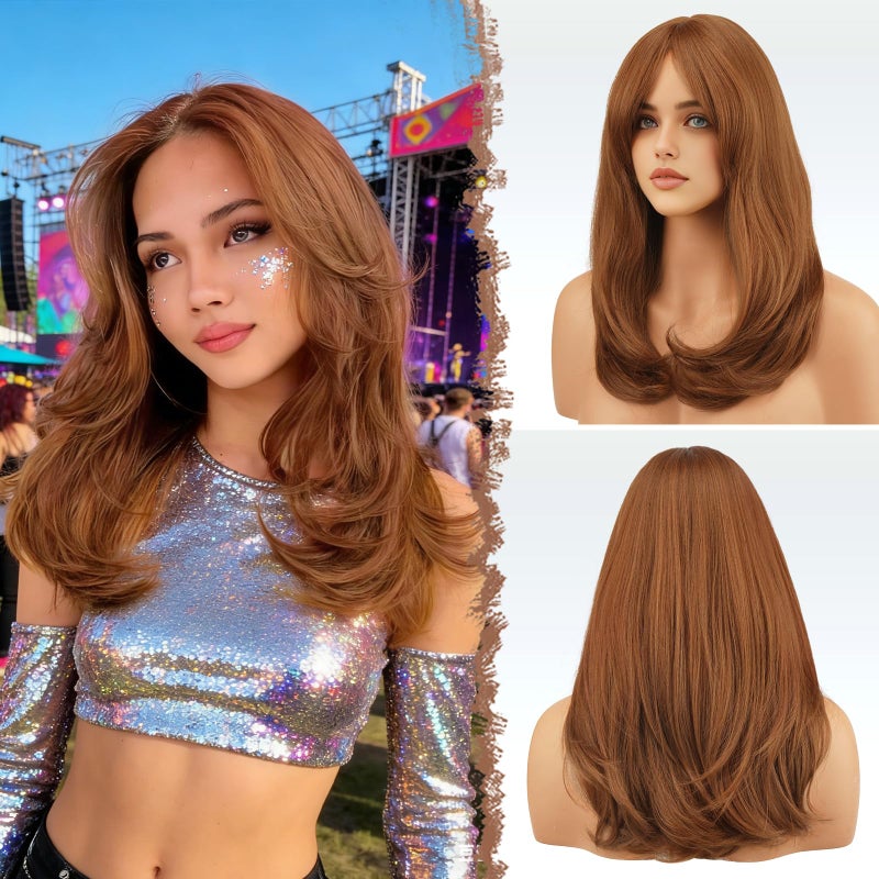 FESHFEN Wigs with Bangs for Women Synthetic Natural Looking Long Layered Straight Auburn Hair Wig for Women Daily Party Use 18 inch - Image 2