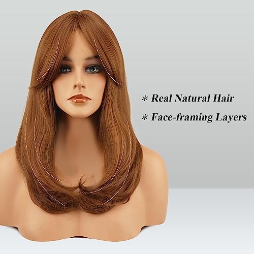 FESHFEN Wigs with Bangs for Women Synthetic Natural Looking Long Layered Straight Auburn Hair Wig for Women Daily Party Use 18 inch - Image 3
