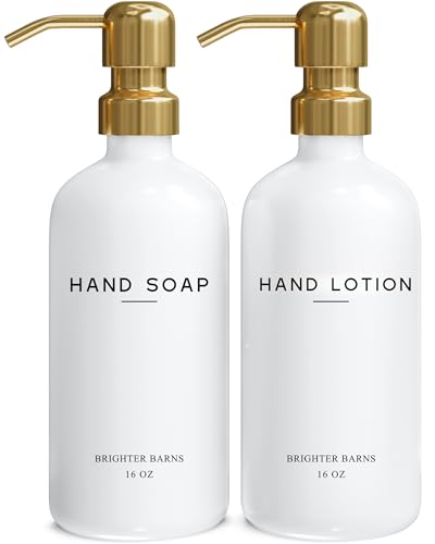 Brighter Barns Luxury Glass Soap and Lotion Dispenser Set by Brighter Barns - Liquid Soap Dispenser Bathroom Set - White and Gold Bathroom Accessories for Vacation Rental, Airbnb, Hotel, Wedding Gift (Gold) - Image 1