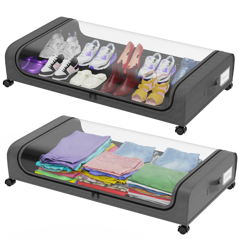 oylik 2 Pack Under Bed Storage with Wheels Under Bed Shoe Storage Larger Capacity with PVC Clear Window Label Under the Bed Storage Containers for Shoe Clothes Toy BookGrey