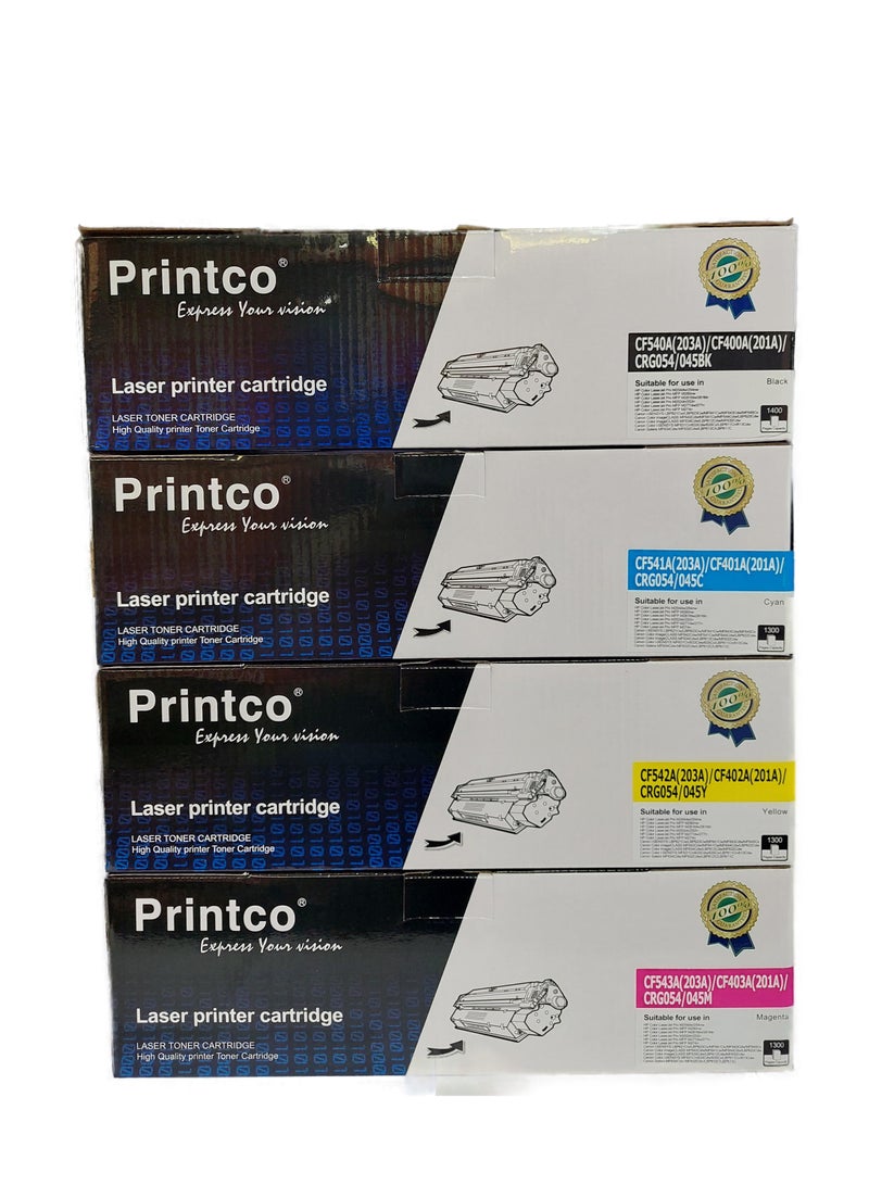 برينتكو مجموعة حبر 203A كاملة للألوان Laserjet CF540 CF541 CF542 CF543 Pro MFP M281fdw -MFP M280nw -MFP M281fdn -MFP M281cdw أسود، سماوي، أصفر، أرجواني. - Image 1