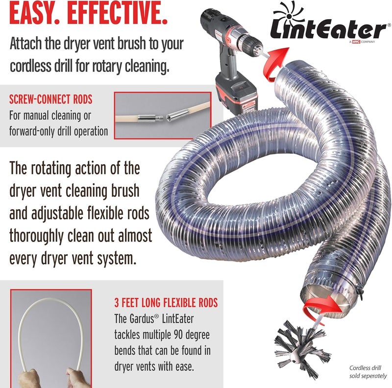 Gardus Dryer Vent Duct Cleaning Kit - RLE202 LintEater Rotary Dryer Vent Cleaner Kit, Removes Lint, Dryer Vent Cleaning System Extends Up to 12’ with 4 Flexible 3' Rods, Air Duct Cleaning Tools - Image 3