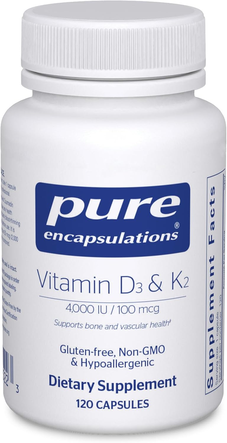 Pure Encapsulations فيتامين د3 ك2 من بيور إنكابسوليشنز لدعم صحة العظام والأوعية الدموية ودعم وظيفة المناعة خالي من الجلوتين وغير معدّل وراثيًا 120 كبسولة - Image 1