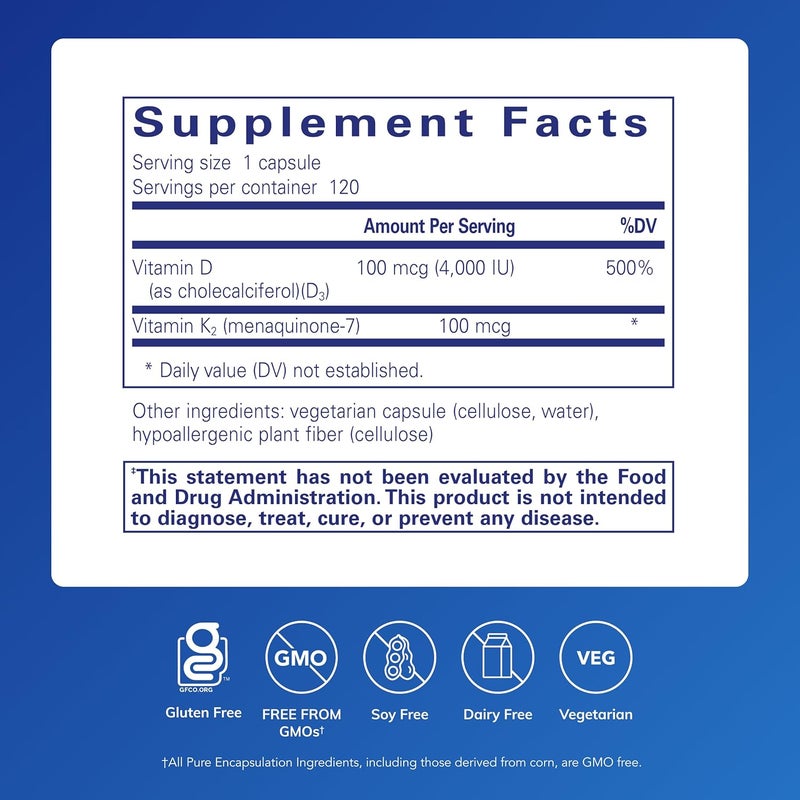 Pure Encapsulations فيتامين د3 ك2 من بيور إنكابسوليشنز لدعم صحة العظام والأوعية الدموية ودعم وظيفة المناعة خالي من الجلوتين وغير معدّل وراثيًا 120 كبسولة - Image 2
