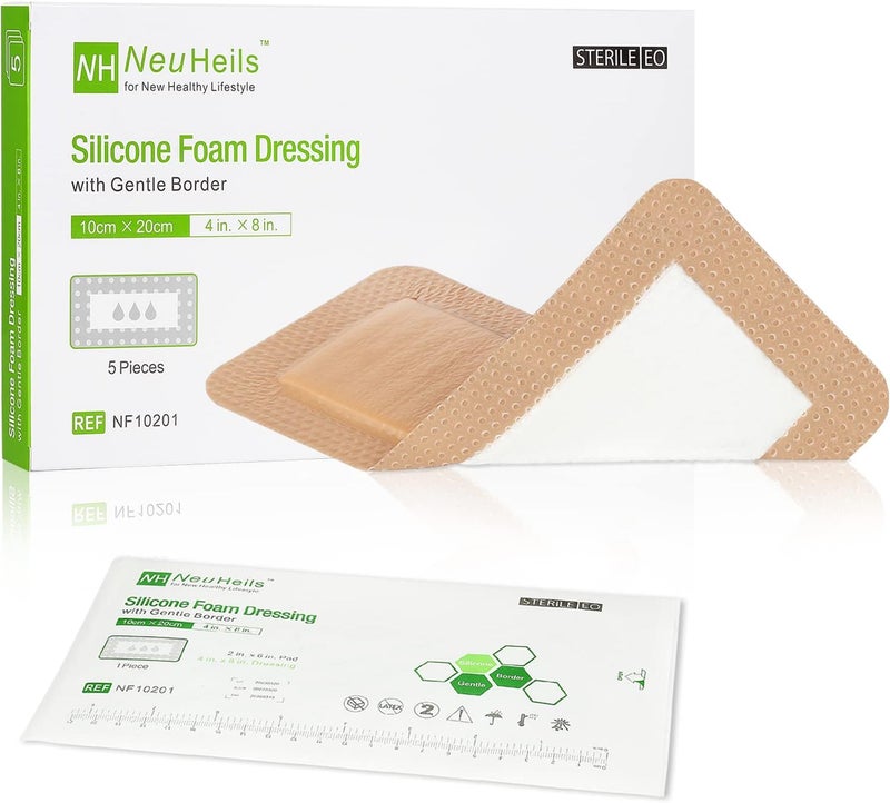 NEUHEILS Silicone Foam Dressing with Gentle Border for Postop Surgical Wounds 4x8 Absorbent Pad 2x6 Pack of 5 Silicone Wound Bandages for Cuts Abrasions Bed Sore Pressure Ulcer - Image 1