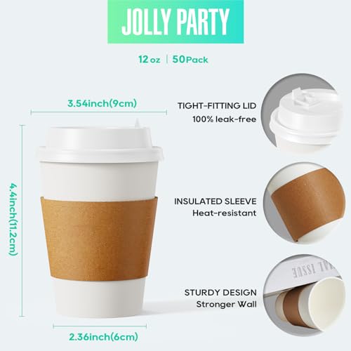 JOLLY PARTY [50 Pack] 12 oz Paper Coffee Cups, Disposable Paper Coffee Cup with Lids, Sleeves, and Stirrers, Hot/Cold Beverage Drinking Cup for Water, Juice or Tea, Suitable for Home, Shops and Cafes - Image 2