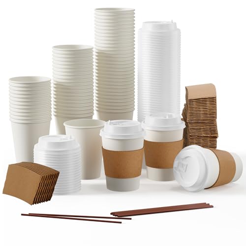 JOLLY PARTY [50 Pack] 12 oz Paper Coffee Cups, Disposable Paper Coffee Cup with Lids, Sleeves, and Stirrers, Hot/Cold Beverage Drinking Cup for Water, Juice or Tea, Suitable for Home, Shops and Cafes - Image 1