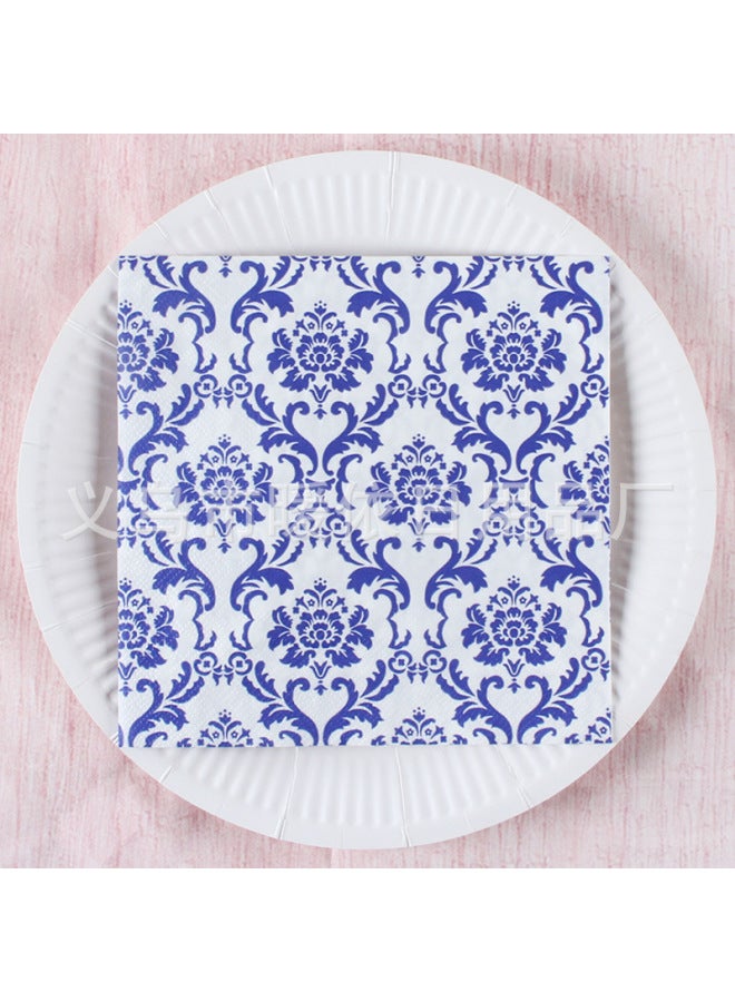 Printed Square Paper Party Decoration Vintage Napkin Household Napkin Western Restaurant Holiday Tableware Paper Towel-Color:Monochrome Printing-Specifications:Blue 2-20 Sheets - Image 1