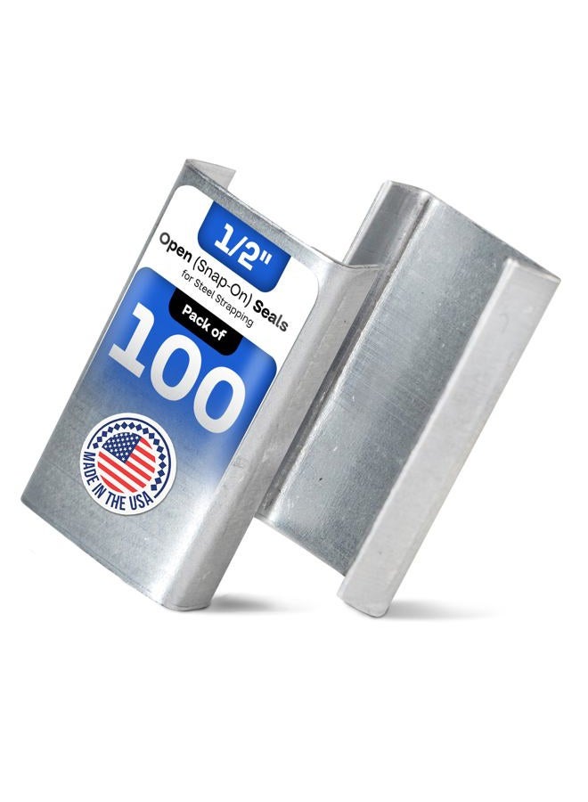 IDL Packaging Open (Snap-On) Seals for 1/2" Strap Width Steel Strapping (Pack of 100) – Superior Holding Power – Sturdy Metal Clips for Securing Heavy Packaging and Pallet Banding - Image 1