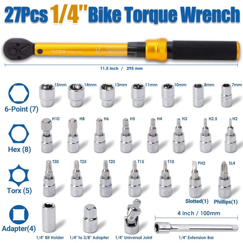 YIYEIE 1/4 Inch Drive Bike Torque Wrench, 1-25 Nm (10-222.5 in.lb), 27 PCS Click Bicycle Torque Wrench with Bit Sockets, 0.1 Nm Micro, 72-Tooth Ratchet, 3/8 Adapter, for MTB, E-Bike, Motorcycle - Image 3
