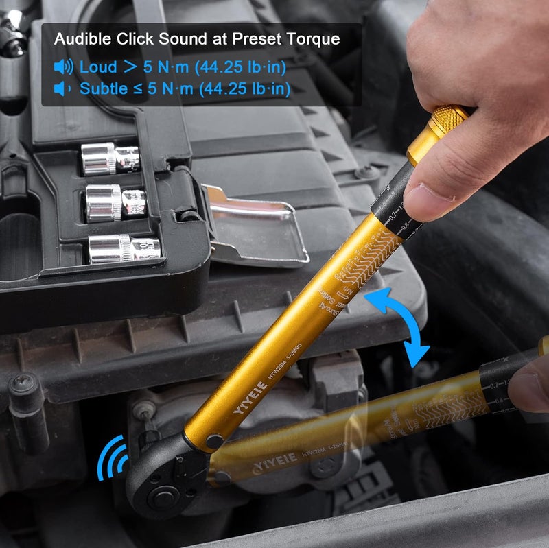 YIYEIE 1/4 Inch Drive Bike Torque Wrench, 1-25 Nm (10-222.5 in.lb), 27 PCS Click Bicycle Torque Wrench with Bit Sockets, 0.1 Nm Micro, 72-Tooth Ratchet, 3/8 Adapter, for MTB, E-Bike, Motorcycle - Image 2