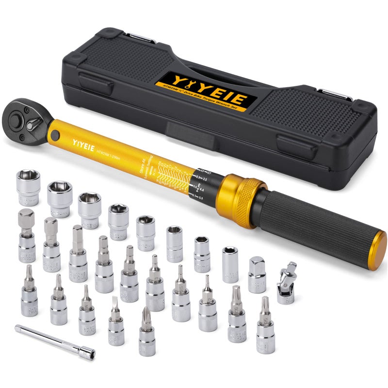 YIYEIE 1/4 Inch Drive Bike Torque Wrench, 1-25 Nm (10-222.5 in.lb), 27 PCS Click Bicycle Torque Wrench with Bit Sockets, 0.1 Nm Micro, 72-Tooth Ratchet, 3/8 Adapter, for MTB, E-Bike, Motorcycle - Image 1