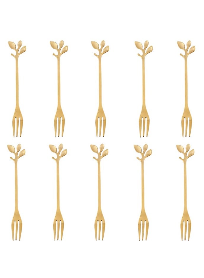 10-Piece Gold Mini Leaf Dessert Forks Set - 4.7 Elegant Stainless Steel Fruit, Appetizer, Cake  Salad Forks - Image 1